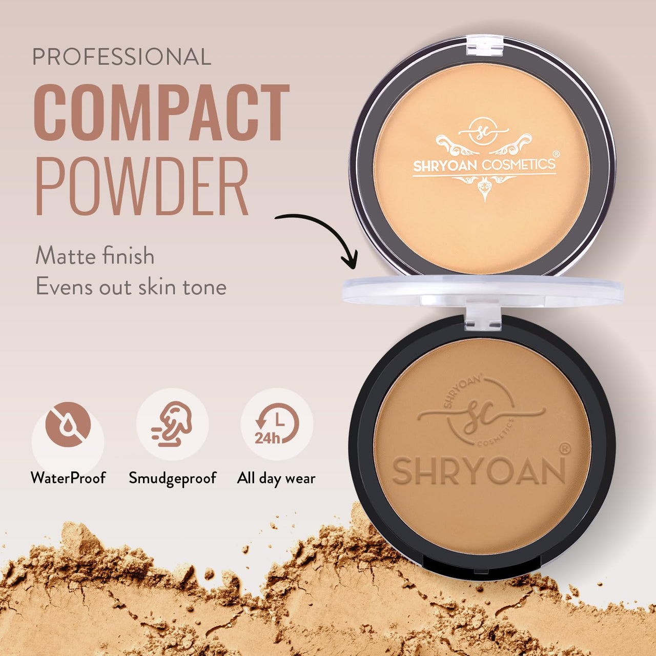 Shryoan Infinite Waterproof Compact Powder| Hides Imperfections, Blends Effectively, Matte Finish and Pressed Powder for All Skin Types (16g) (Rose Silk)
