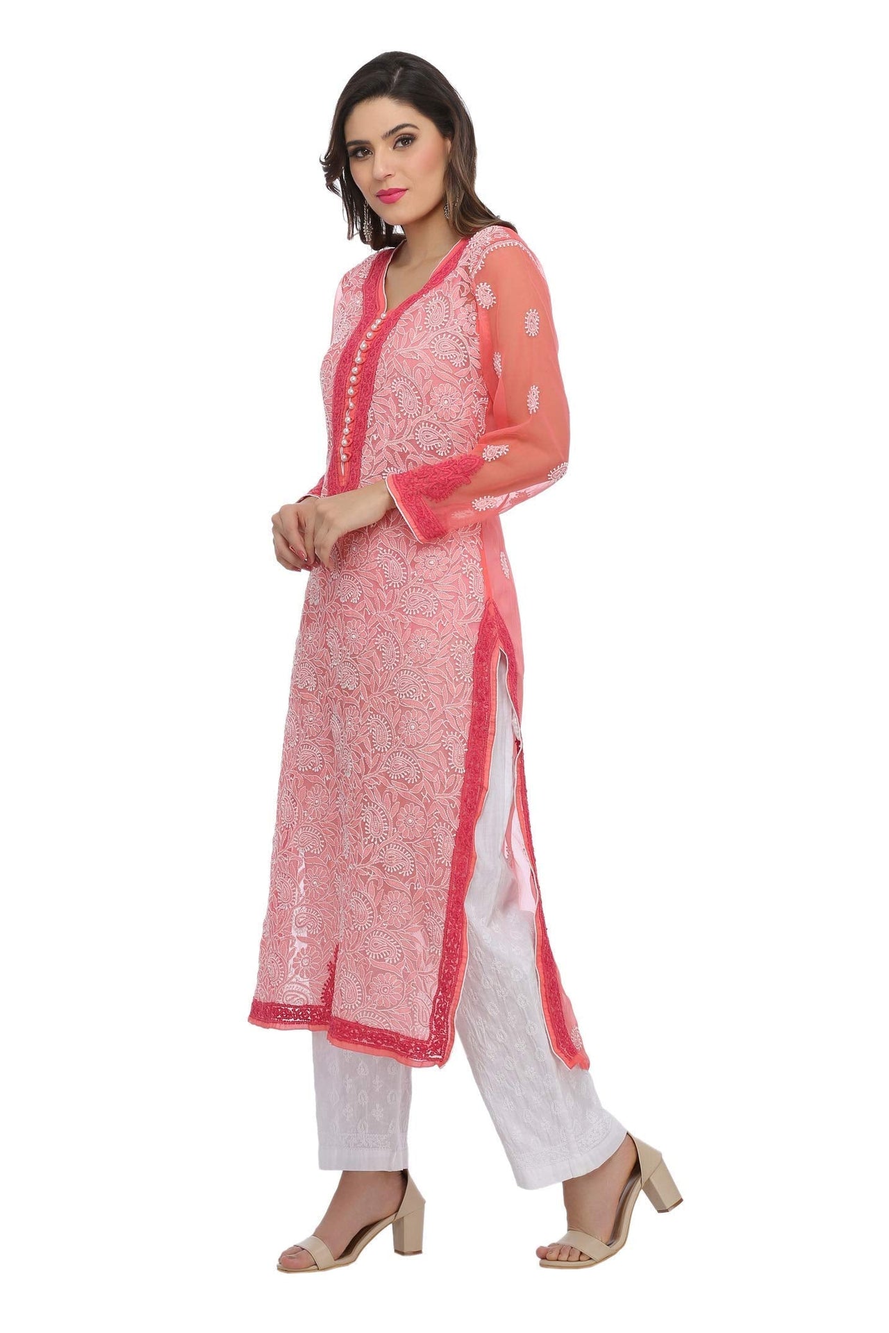 Ada Women's  Hand Embroidered Faux Georgette Lucknowi Chikankari Kurti with Slip