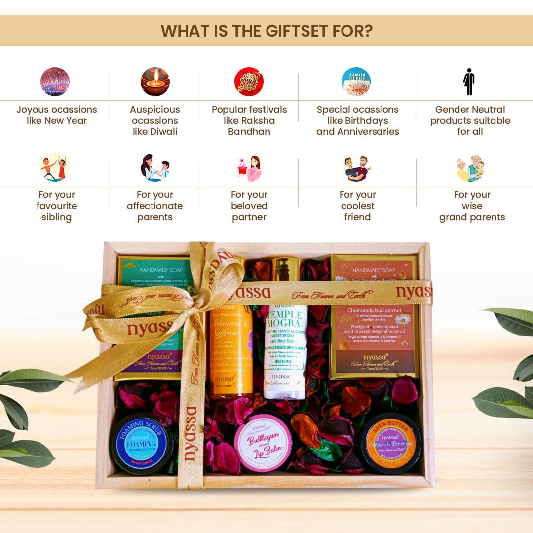 NYASSA Premium Bath and Body Treats Wooden Gift Set for Women & Men | Wooden Gift Box To Pamper Your Loved Ones | Perfect for Every Occasion | Pack of 7