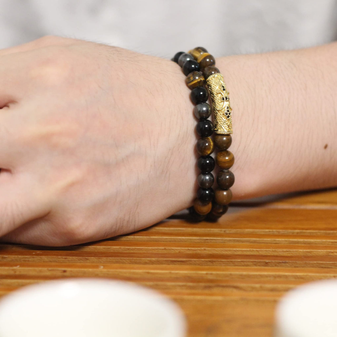 2Pcs Triple Protection Bracelet,Natural Tigers Eye Black Obsidian and Hematite 8 MM Beads Bracelet for Men Women Gift, Healing Crystal Bracelet Bring Luck and Prosperity and Happiness (Yellow) Yellow