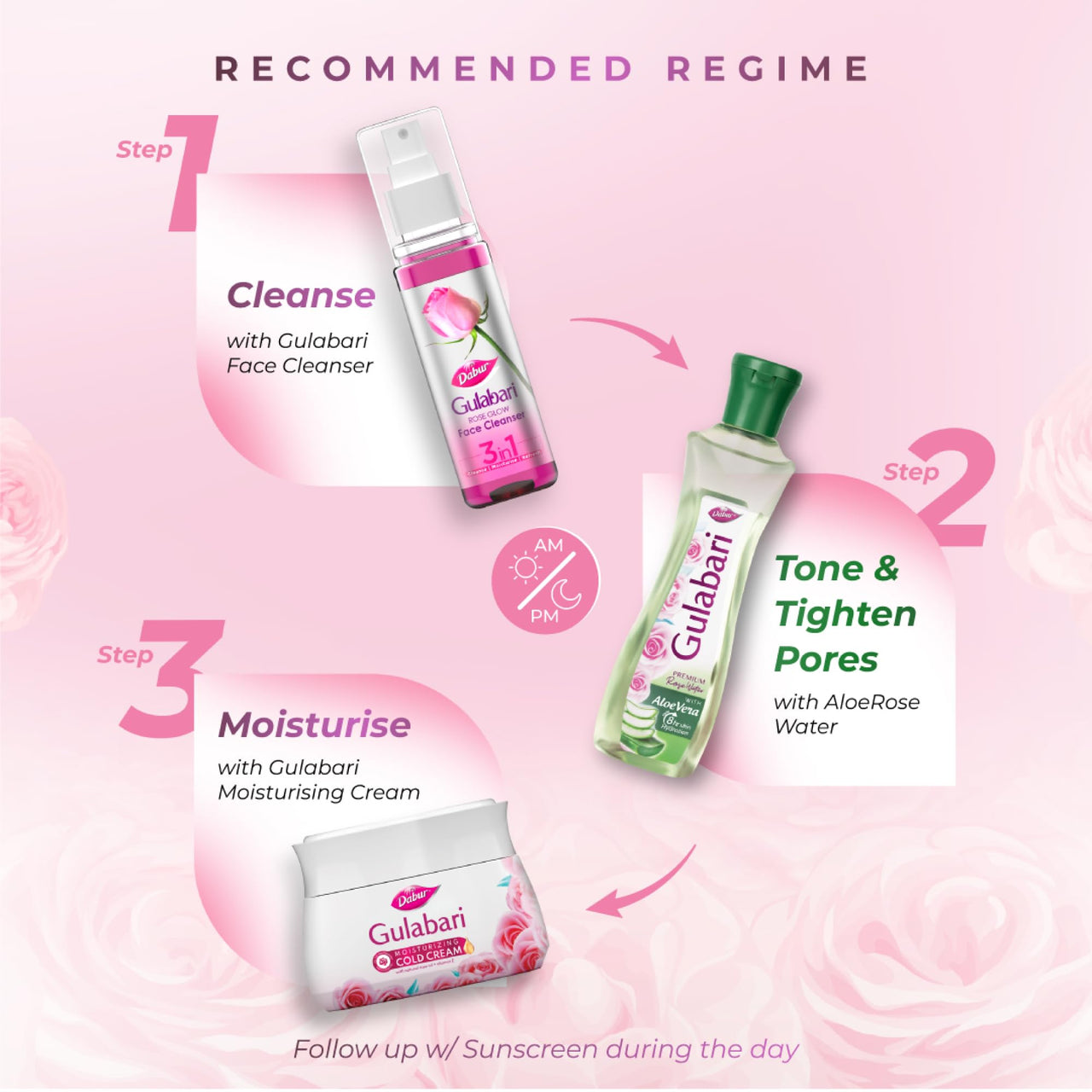 Dabur Gulabari Premium Rose Water with Aloe Vera - 1200 ml (400ml x 3) | Upto 8 HR Skin Hydration | Cleanses, Tones and Moisturises Skin | For All Skin Types