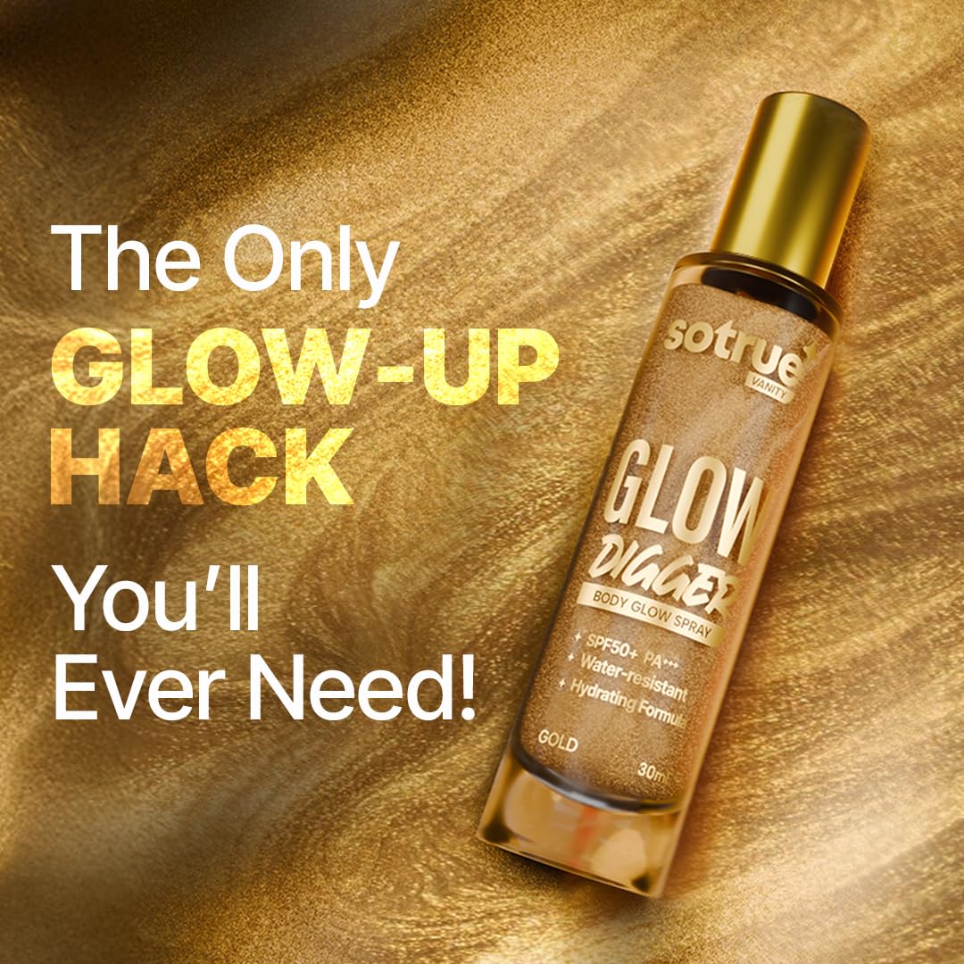 Sotrue Glow Digger Body Glow Spray | Pearlescent Gold Shimmer Mist for Radiant Skin | Lightweight, Waterproof & Non-Greasy Body Highlighter | Hydrating Body Makeup for Women