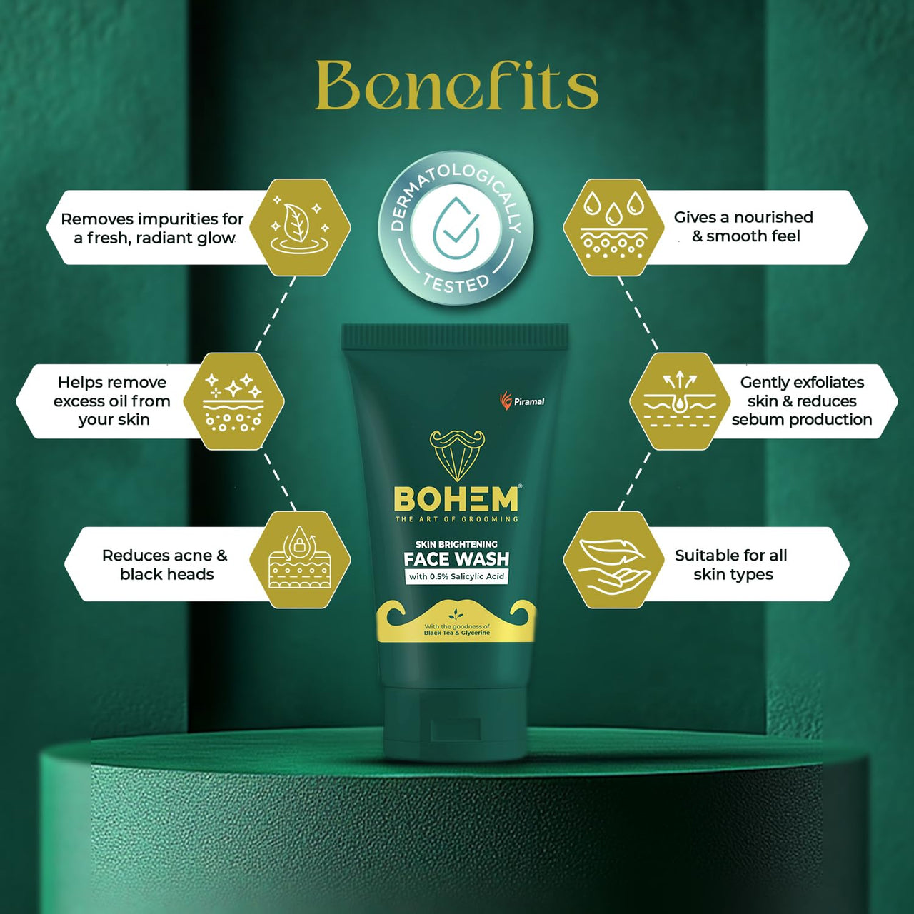 BOHEM Skin Brightening Face Wash for Men |100ml Pack of 1 | Anti Acne FaceWash for Glowing & Brightening Skin with 0.5% Salicylic Acid, Goodness of Black Tea Extract & Glycerine | All Skin Types