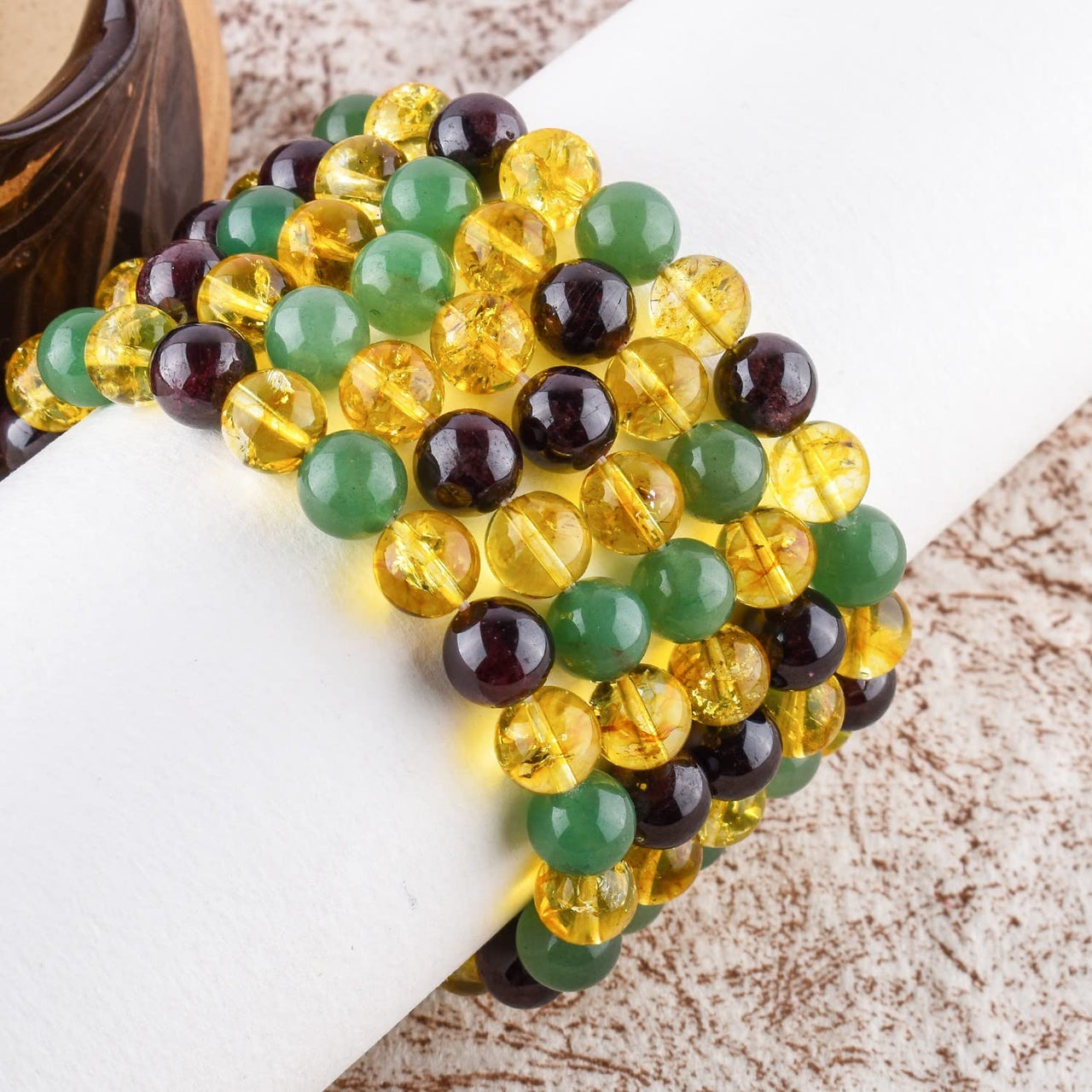 Triple Crystal Money Bracelet - Red Garnet - Citrine - Green Aventurine Handmade Bracelet Stretchable Genuine Round Beaded 10mm Unisex Jewelry Chakra Healing Crystals - Success - Bohemian Triple_B