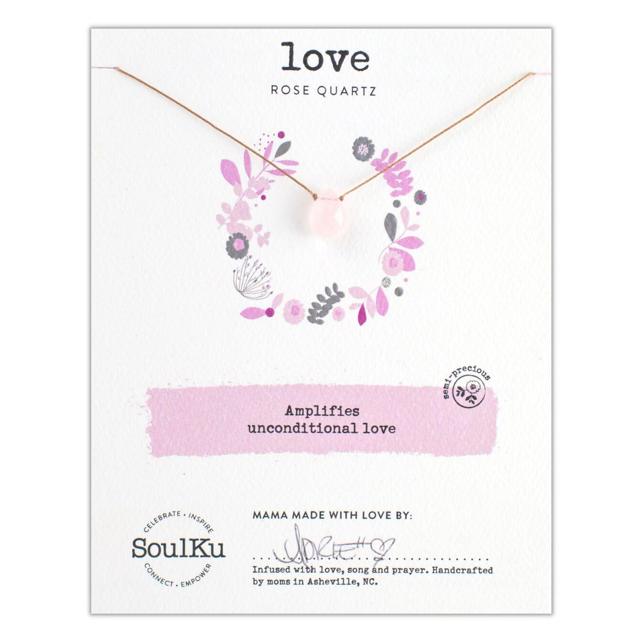 SoulKu Handcrafted Necklace, Empowerment Jewelry With Healing Crystal, Inspirational Jewelry For Women, Mom & Sister Gifts, 2" Extender With Lobster Clasp, 16" Nylon Cord (Love, Rose Quartz) Rose Quartz - Love