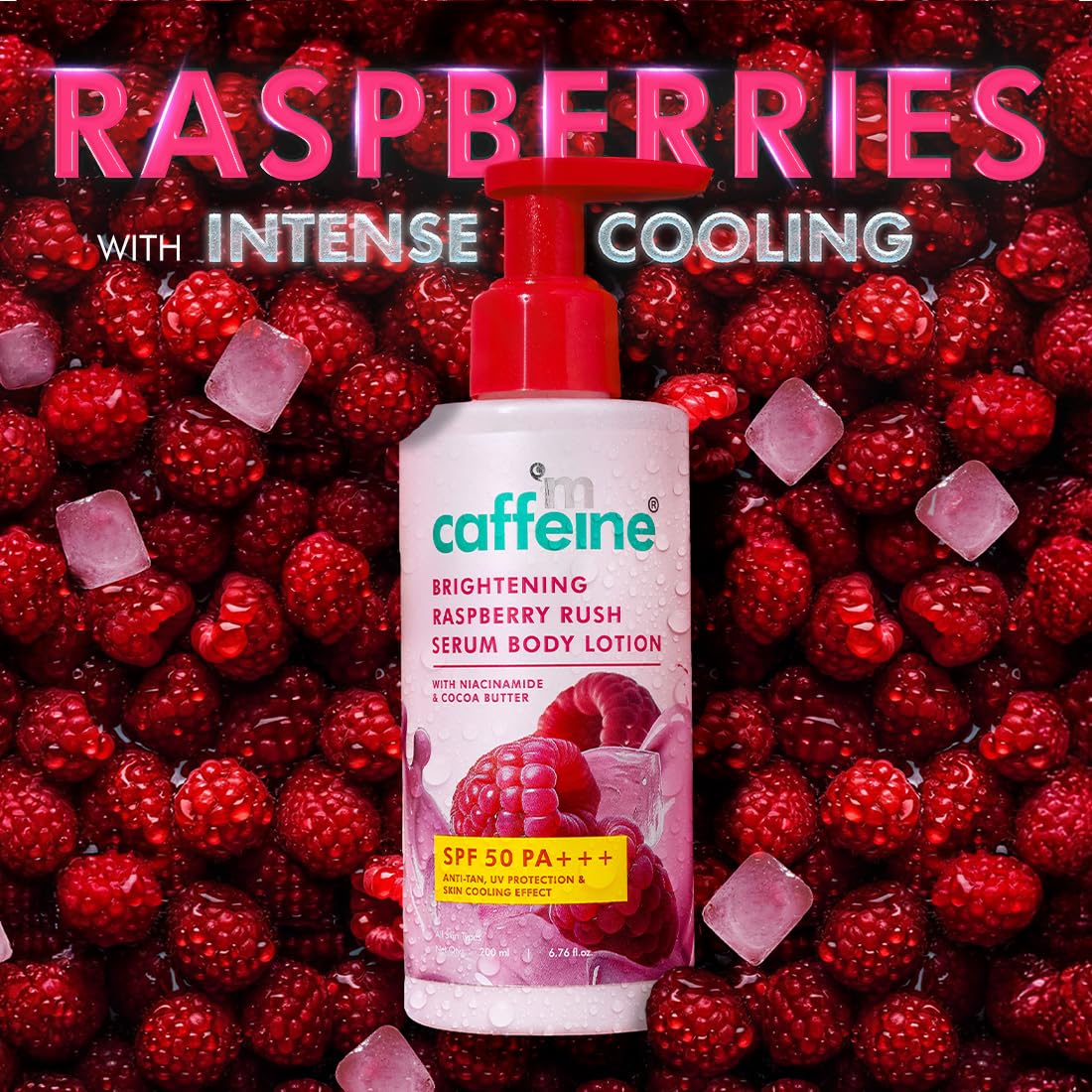 mCaffeine Brightening SPF 50 PA+++ Body Sunscreen Lotion | Instant Cooling, De-tan Body Lotion with Vitamin C Rich Raspberries & Niacinamide | Lightweight, Non-sticky Sun Protection - 200ml