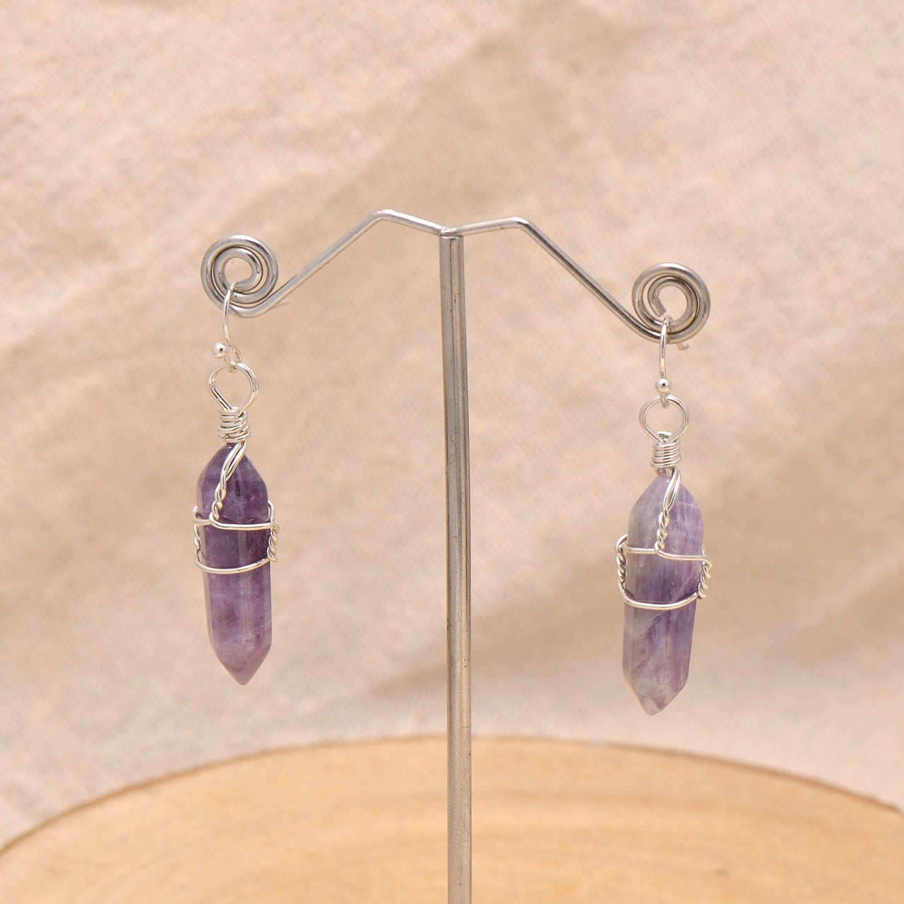 Natural Amethyst Quartz Wire Wrapped Point Crystal Earrings for Women Reiki Energy Healing Natural Amethyst