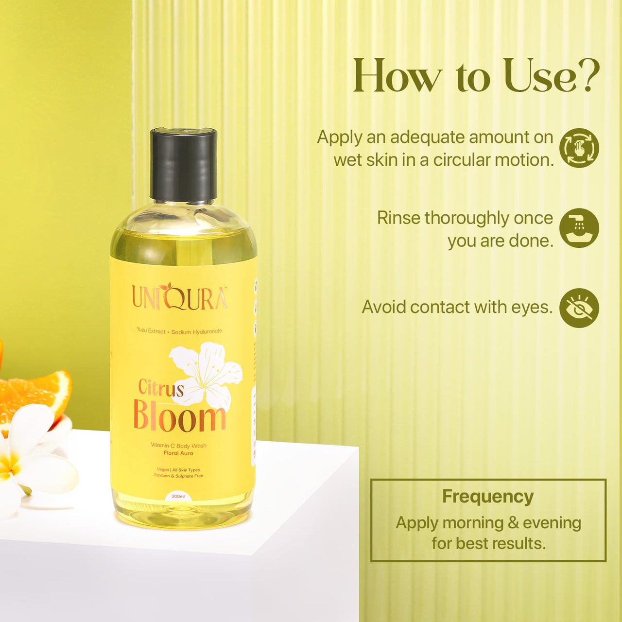 Uniqura Vitamin C Body Wash Shower Gel For Women With Yuzu Extract For Intense Moisturisation Brightens Skin, Evens-Tone & Reduces Sun Damage | Paraben & Sulphate Free Shower Gel For Men | Citrus Body Wash For Women 300Ml