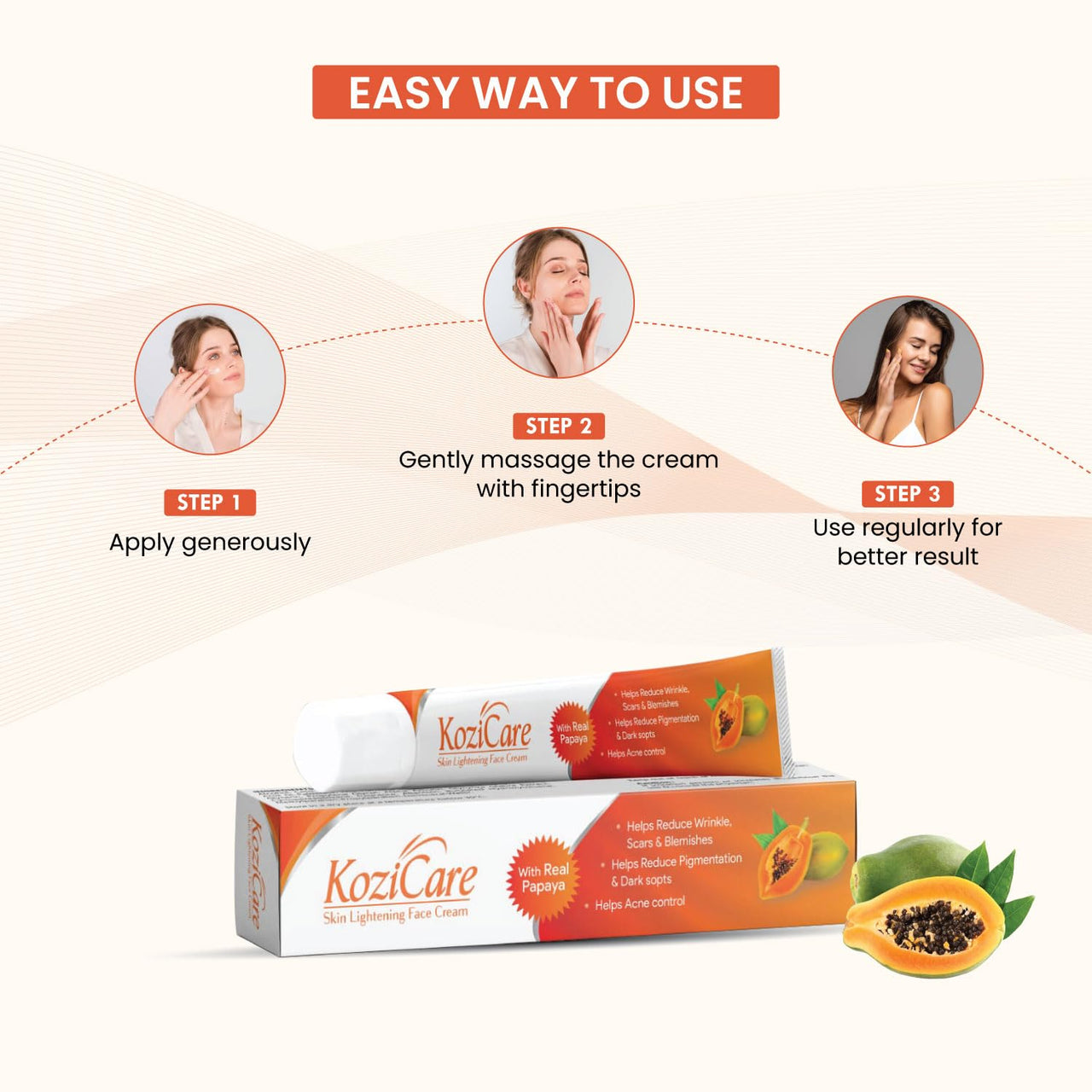 Kozicare Cream Papaya Skin Lightening | Kojic Acid Pigmentation Removal Cream | Niacinamide Face Cream for Glowing Skin | Non-Greasy & Lightweight | Suitable for All Skin Type - 15 g (Pack of 5)