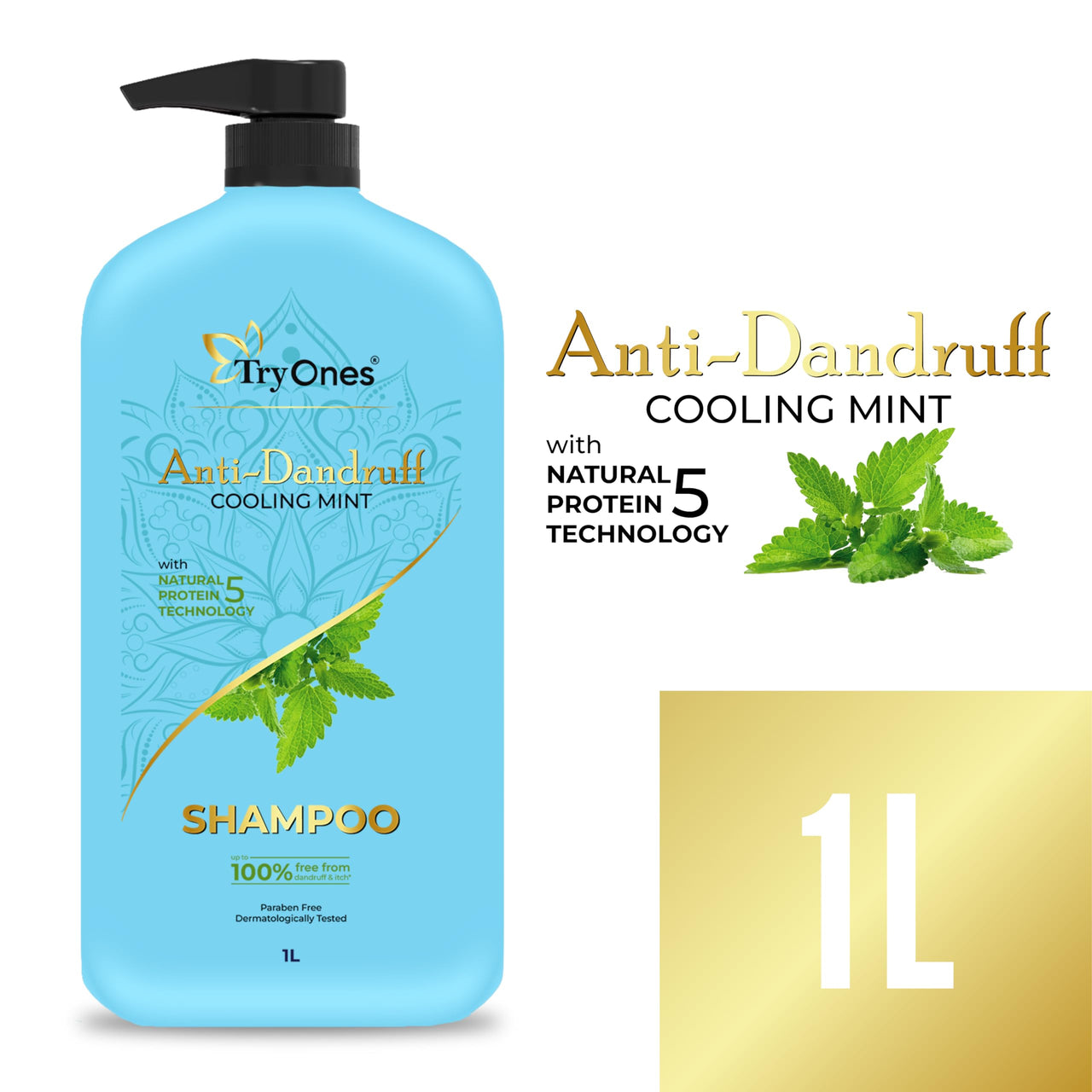 TryOnes Cool Menthol Anti Dandruff Shampoo for Women & Men Fights Dandruff | Soothes Scalp & Revives Hair, 1L