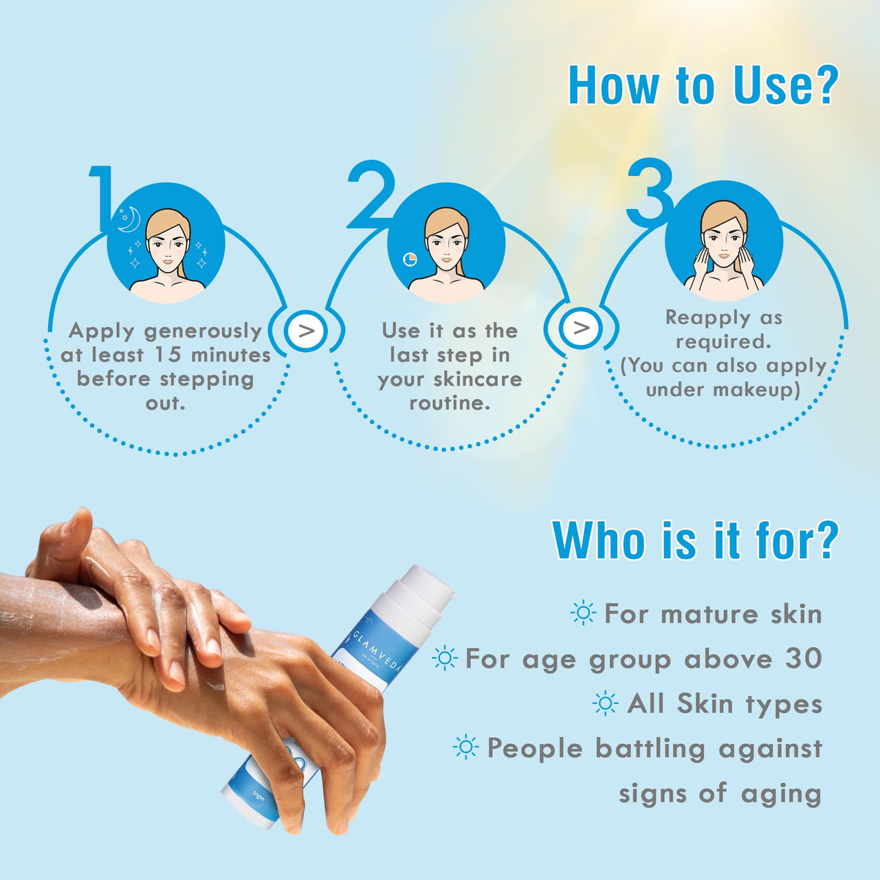 Glamveda 1% Copper peptide Advance Age Support Sunscreen SPF 30 +++ for Men and Women with Centella Asiatica | Broad-spectrum Sunscreen with Advanced Blue Light Filter | UVA/UVB Protection | 50gm