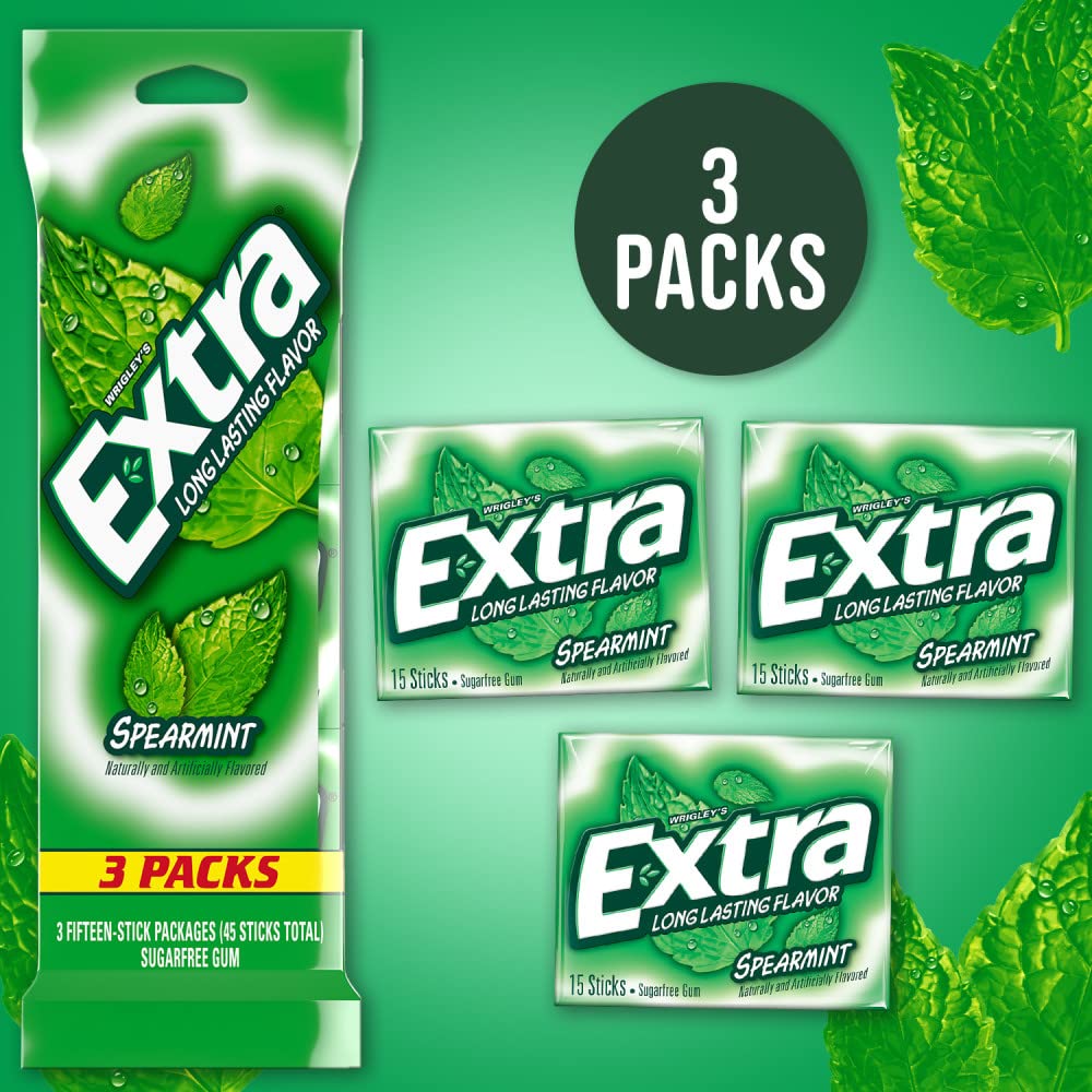 EXTRA Spearmint Sugar Free Chewing Gum Spring Break Travel Accessories, 15 Count (Pack of 3)