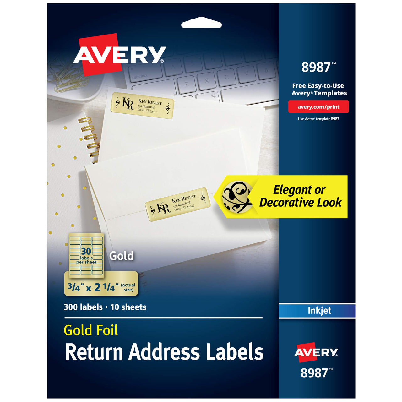 Avery Printable Return Address Labels, 0.75" x 2.25", Gold Foil, 300 Blank Mailing Labels (08987)