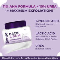 Sanfe Back & Bum Cream for Dark Spots and Body Acne | Glycolic Acid, Lactic Acid & Urea | 11% AHA & Maximum Exfoliation | Remove Dead Skin for Women | 100gm
