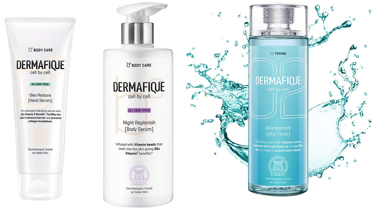 Dermafique All Important Skin Toner, 150 ml & Night Replenish Body Serum, Body Lotion (300 ml) & Oleo Restore Hand Serum for all skin (50g)
