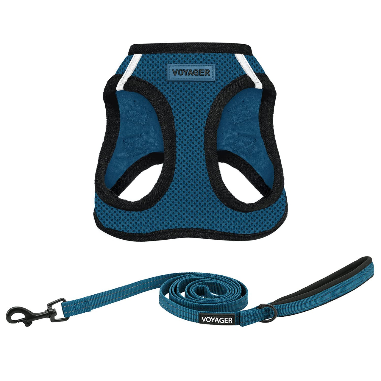 Voyager Step-in Air All Weather Mesh Harness and Reflective Dog 5 ft Leash Combo with Neoprene Handle, for Small, Medium and Large Breed Puppies by Best Pet Supplies - Blue/Black Trim, XXX-Small Harness Leash Bundle (Blue/Black Trim)