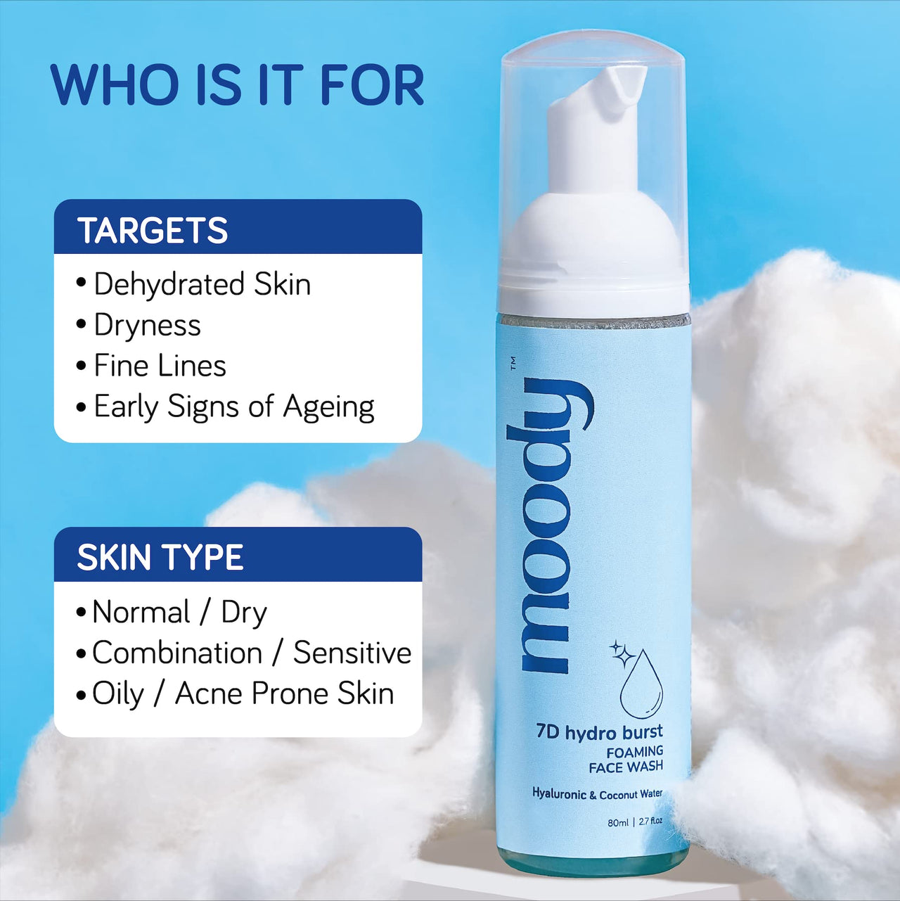 Moody 7D Hydro Burst Foaming Face Wash with Hyaluronic Acid & Coconut | Deep Pore Cleansing | Face Wash for Glowing Skin | Non-Drying & Gentle Cleanser | Sulphate Free & Vegan | Men & Women,80 ml