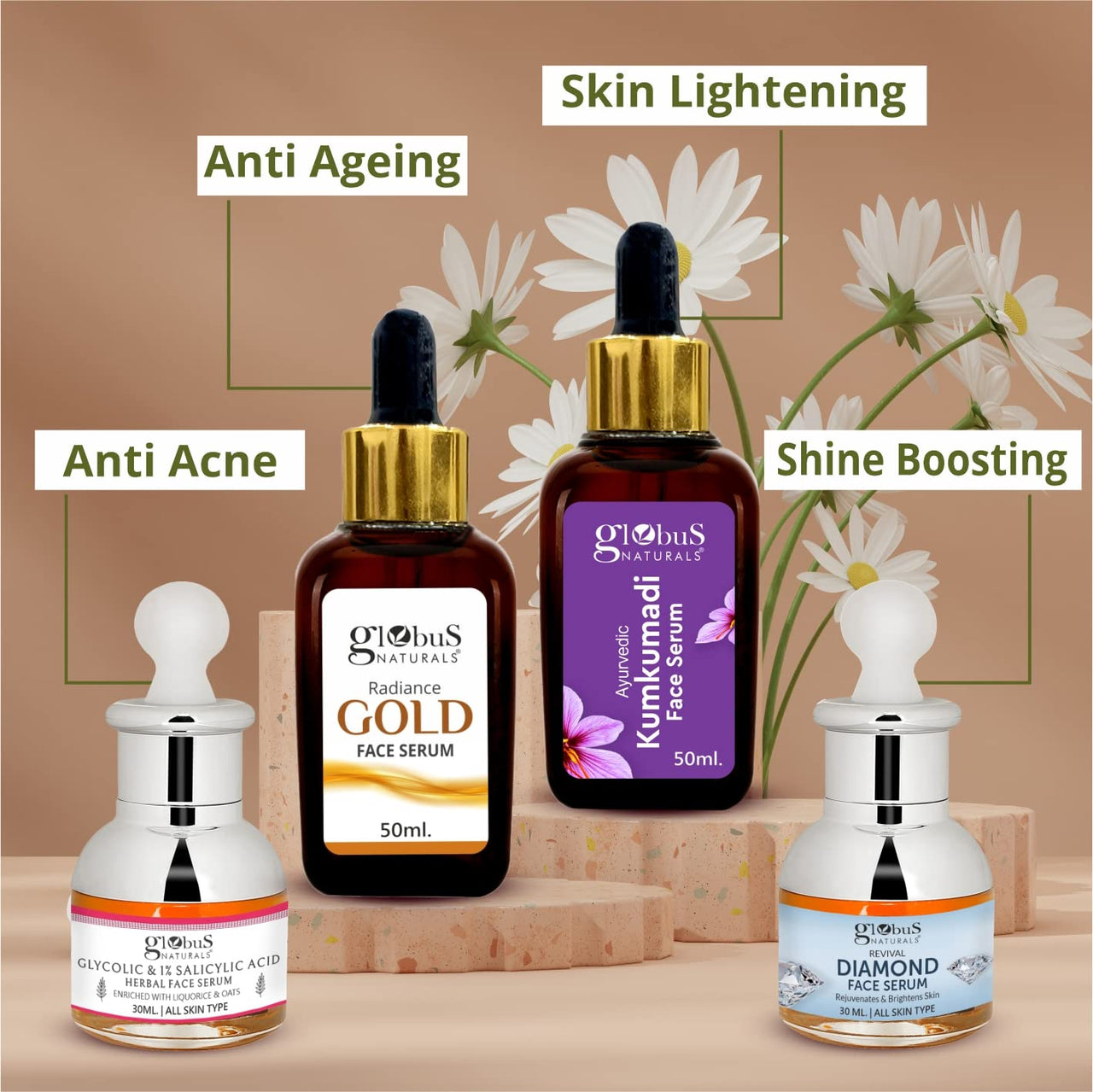 Globus Naturals Glycolic & 1% Salicylic Acid Anti Acne Face Serum, For Oily & Acne Prone Skin, Natural & Ayurvedic Formula, Chemical Free, Cruelty Free, 30 ml, Pack of 2