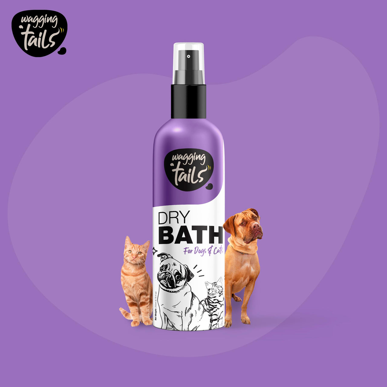 Wagging Tails Dry Bath Waterless Shampoo- 200ml for Pets | Grooming and Bathing for Dogs and Cats | Easy to Use When Travelling with Pet | Tearless Dog Shampoo