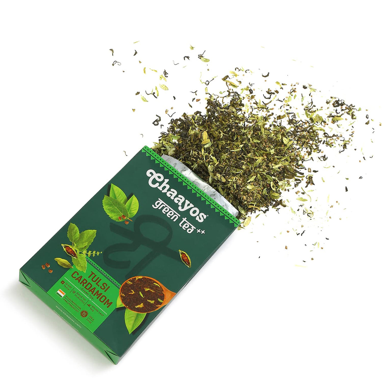 Chaayos Tulsi Cardamom Green Tea | Tulsi Cardamom Tea | Whole Leaf Loose Tea | Immunity Boosting - 100g [50 Cups] | Antioxidant Green Tea | Green Tea