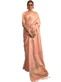 AKHILAM Women's  Banarasi Pure Silk Floral Golden Zari Work Woven Design Border Saree with Unstitched Blouse Piece(KSBLE2240_Parent)