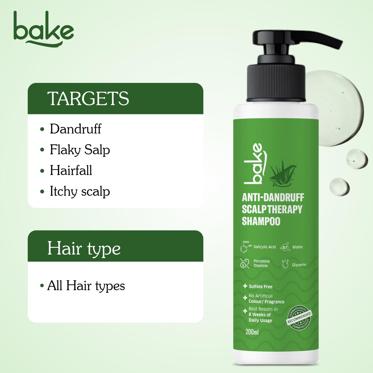 BAKE 2% Salicylic Acid Anti Dandruff Shampoo for Scalp Strengthening, Dry Itchy Scalp, For Men & Women - 200ml