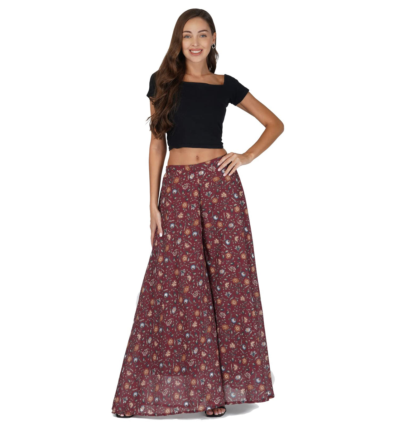 RATAN Women’s Georgette Flared Freesize Sharara Palazzo Pant with Lining M Maroon