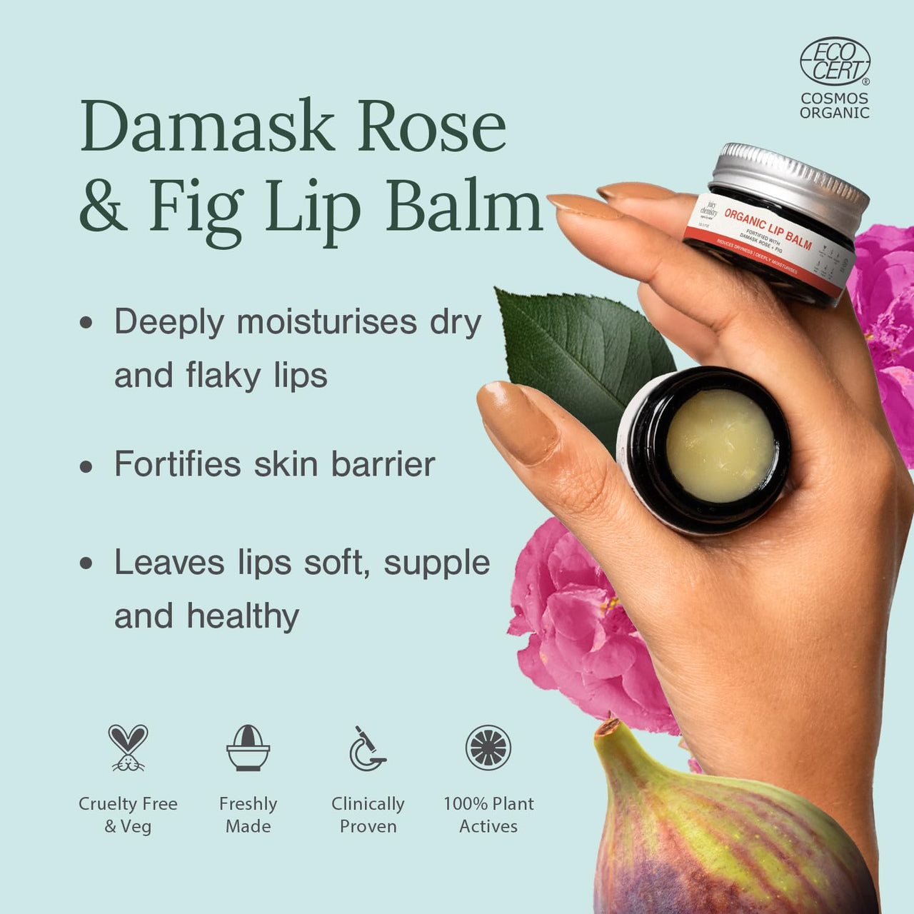 Juicy Chemistry Damask Rose & Fig Organic Lip Balm, 5 g | Enriched with Cocoa Butter, Jojoba & Apricot Oil to Smooth and Soften Dry, Chapped & Sensitive Lips | Lip Balm For Women & Men, Cruelty Free