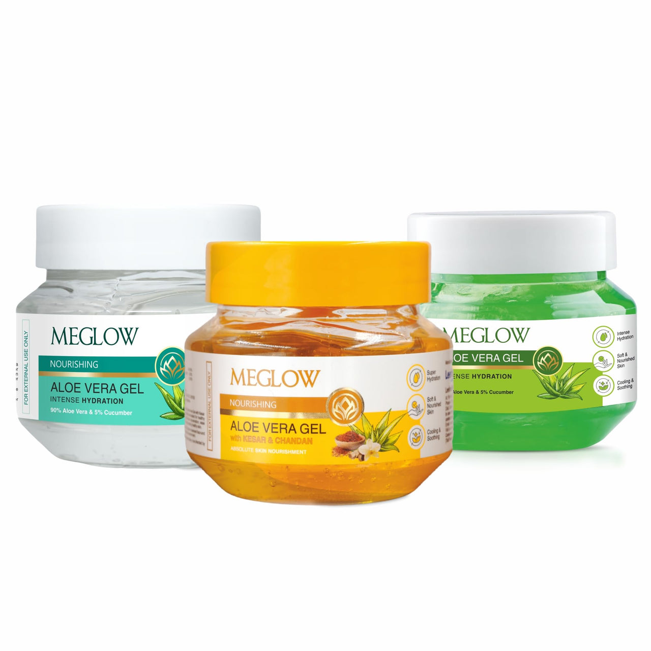 Meglow Summer Skin Care Combo – Transparent + Kesar Chandan + Classic Aloe vera Gel for Face, Body & Hair Care | Deep Hydration | Vegan, Paraben-Free | Skin & Hair Nourishment | 100gm X 3