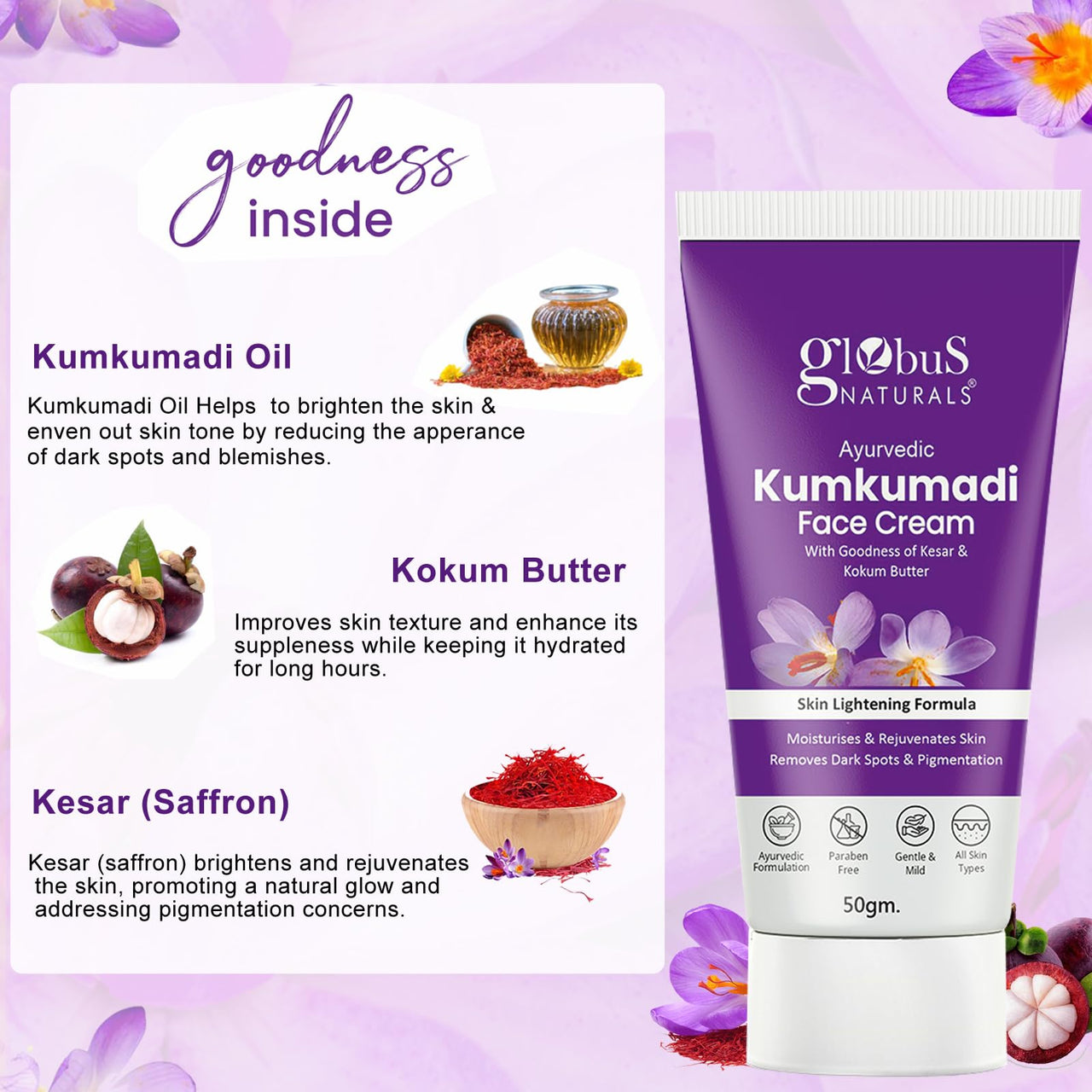 Globus Naturals Ayurvedic Kumkumadi Skin Lightening Face Cream, Chemical Free, Paraben Free, Suitable For All Skin Types, 50gm (Pack of 2)