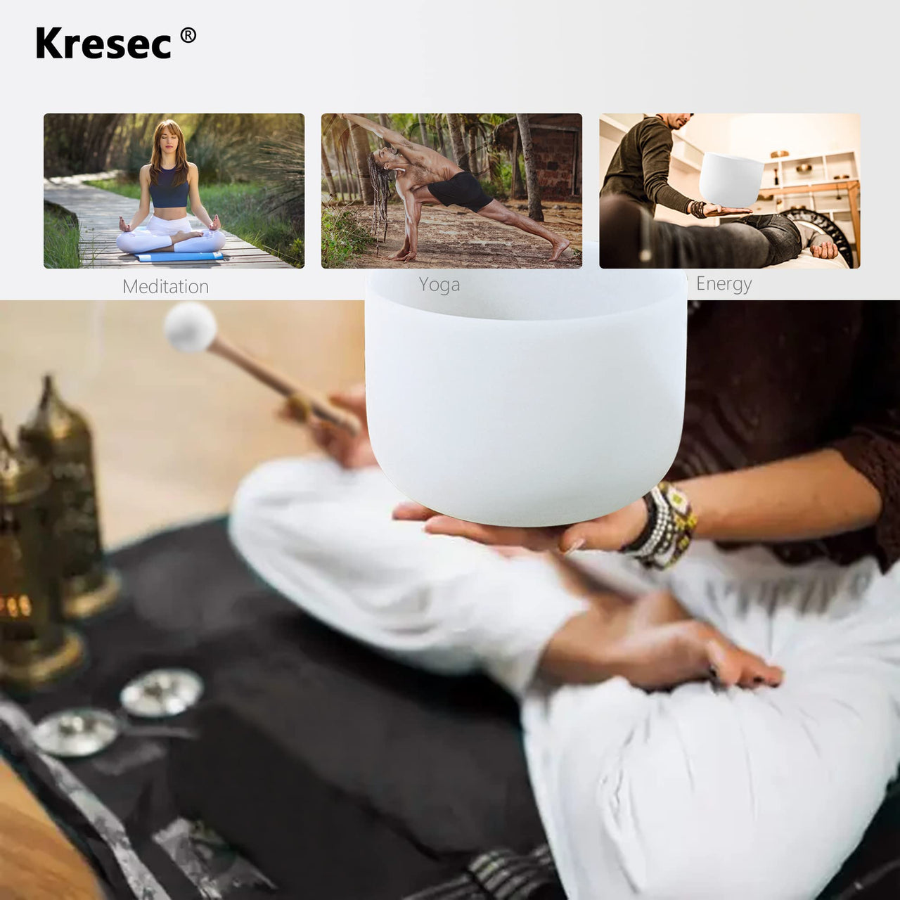 Kresec 9 Inch Crystal Singing Bowl F Note (±40 cents) Heart Chakra with O-ring and Mallet for Meditation, Yoga, Spiritual and Body Healing and Energy Cleansing