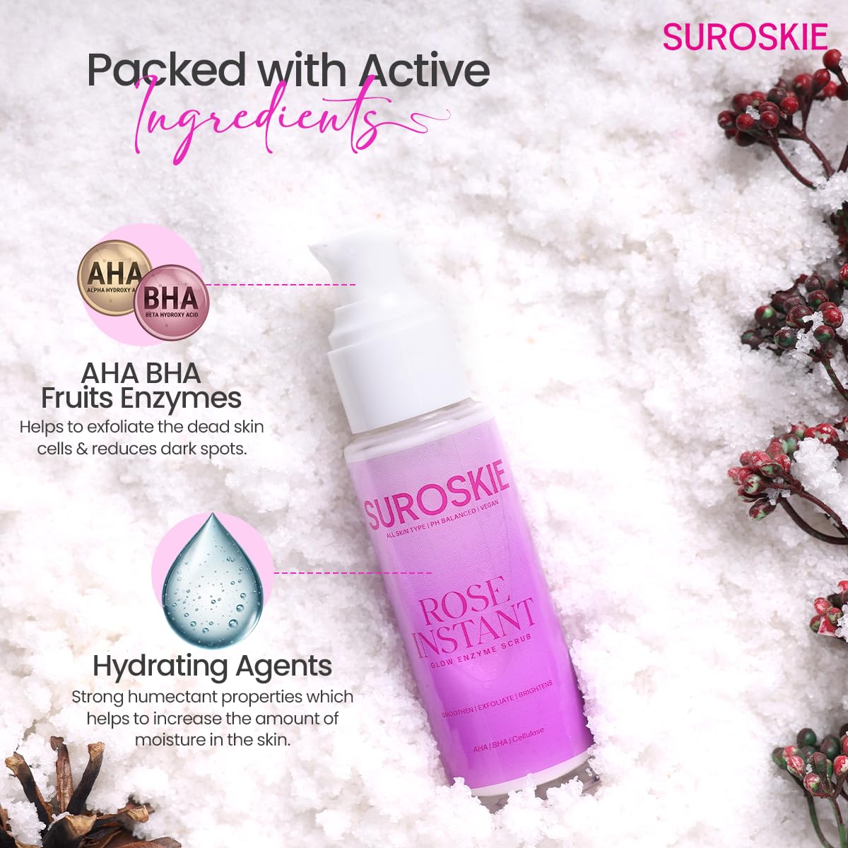 Suroskie Rose Instant Enzyme Face Scrub 50Ml | India’S First Enzyme Scrub For Glowing Skin, Cleans Pores & Dark Spots | Clear White & Black Head | Rose, Aha+ Bha & Cellulose Extract| For Men & Women