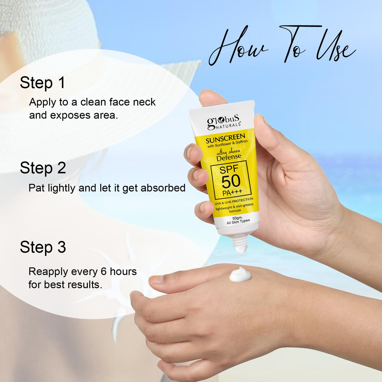 Globus Naturals Sunscreen with Ultra Sheen Defense, SPF 50 PA+++, UVA & UVB Protection, Lightweight & Non-greesy Formula, Normal to Oily Skin, 50 gm (Pack of 2)