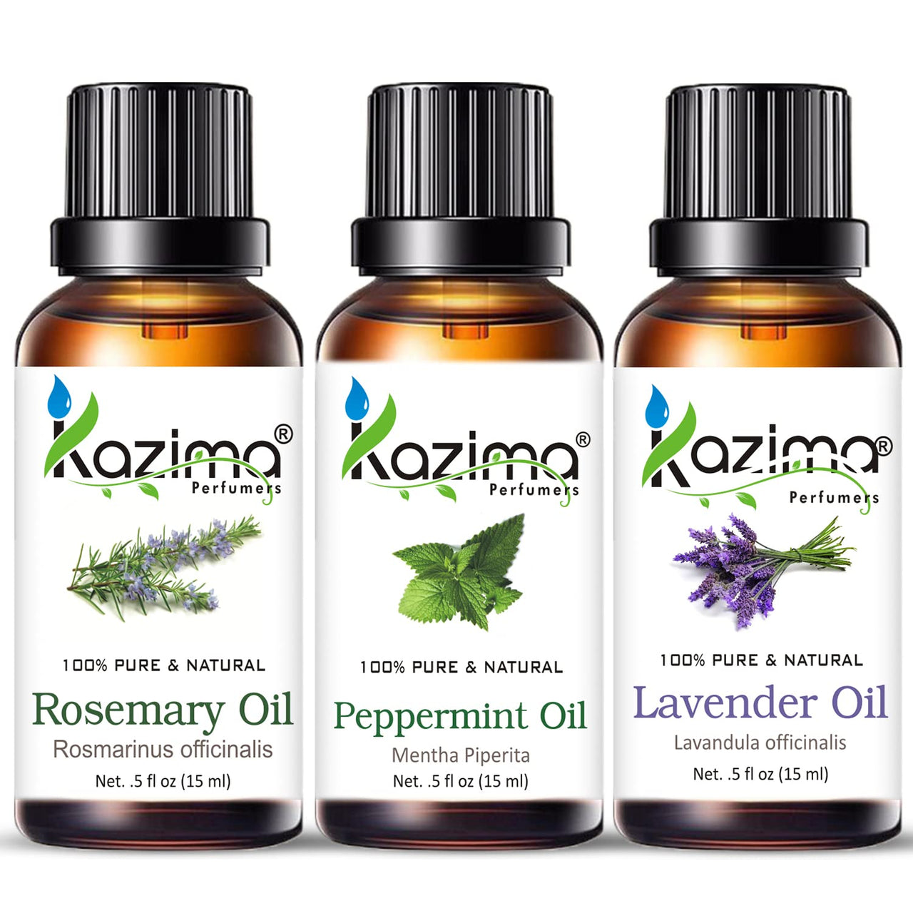 KAZIMA Essential Oils - Rosemary Oil, Peppermint Oil & Lavender Oil (Combo Pack of 3) 15 ml Each