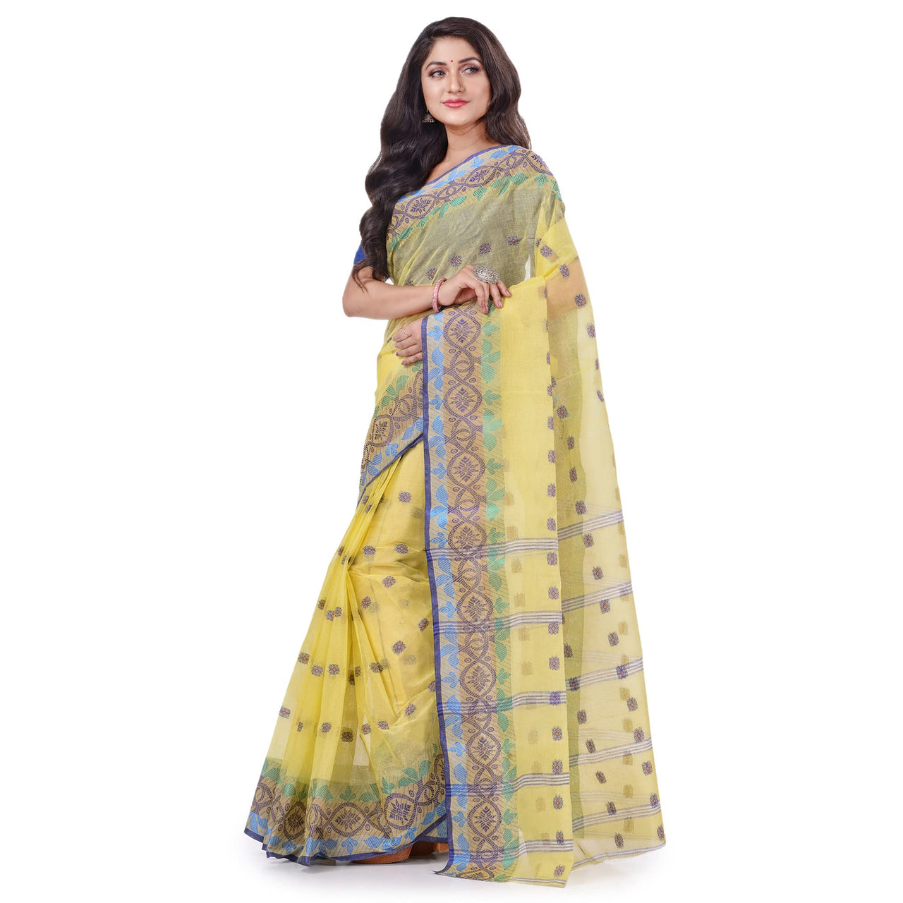 dB DESH BIDESH Women`s Traditional Bengal Tant Tri Leaf Woven Design Pure Handloom Cotton Saree Without Blouse Piece