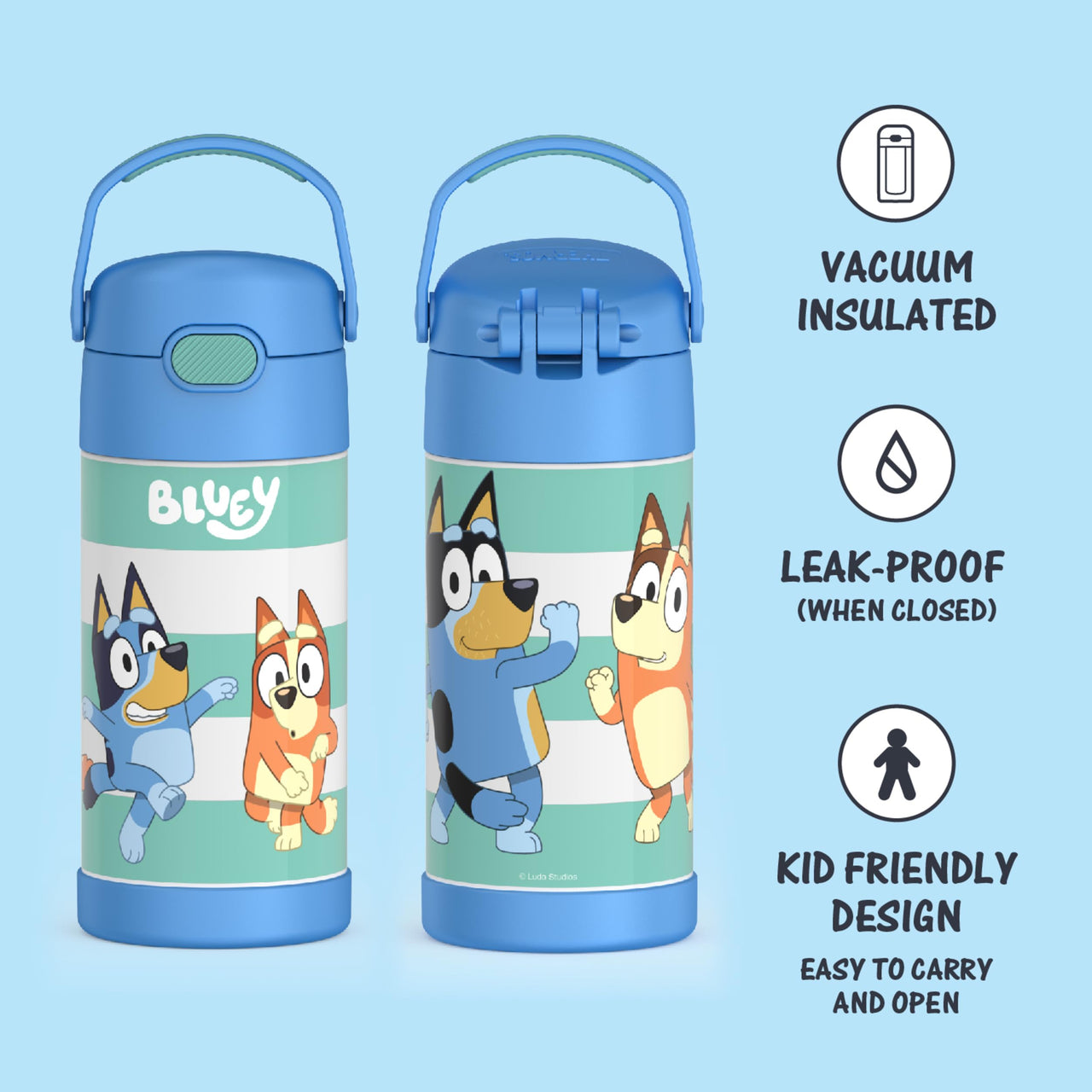 THERMOS FUNTAINER Water Bottle with Straw - 12 Ounce, Bluey - Kids Stainless Steel Vacuum Insulated Water Bottle with Lid Licensed Characters