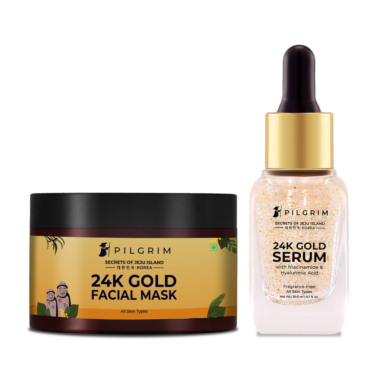 Pilgrim 24K Gold Facial Kit | Dewy Glass Skin Finish | Facial kit for Radiant Look | 24K Gold Face Mask Pack 50gm | 24K Gold Serum 20ml | Korean Skin Care | For Women & Men | FREE JUTE BAG