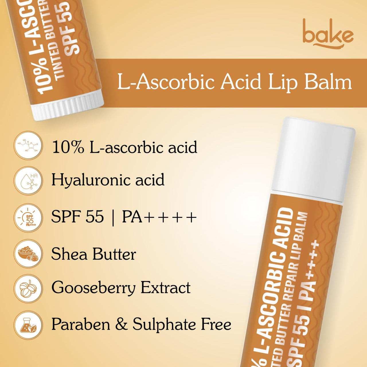 BAKE 10% L-Ascorbic Acid Tinted Butter Brightening Lip Balm SPF 55 PA++++ with Kojic Acid 24 Hour Moisturization | For Dark, Pigmented, Dry & Chapped Lips | De-Tan Lip Balm | For Men & Women - 5g