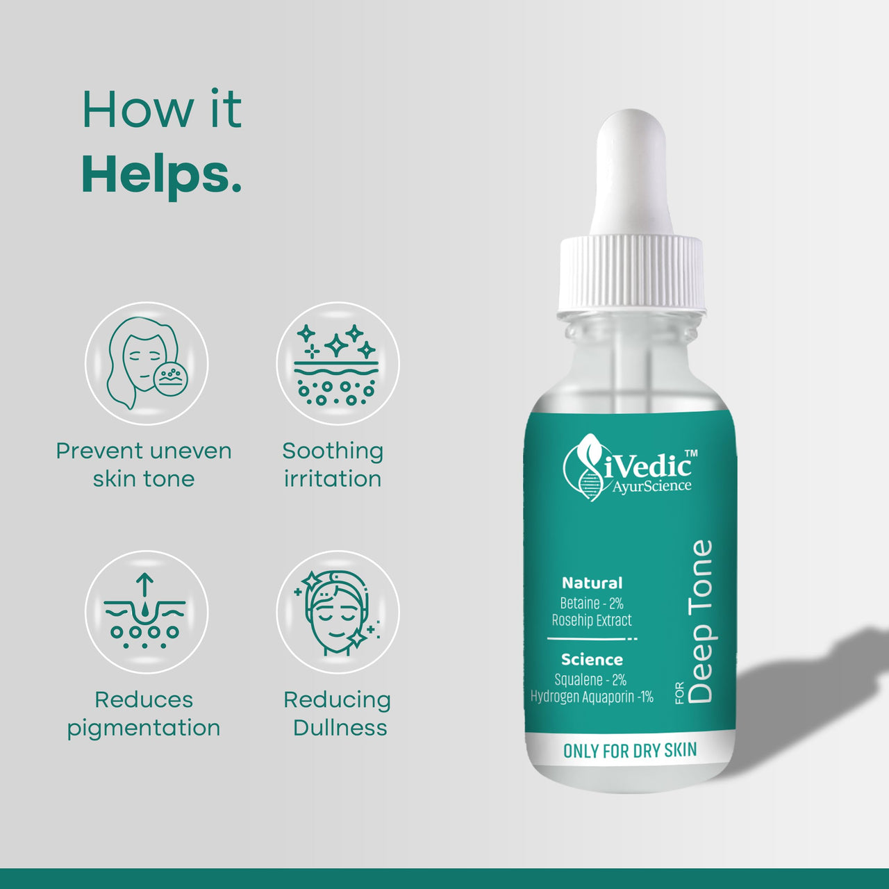 iVedic AyurScience Skin Brightening Serum for Women and Men (1% Hydrogen Aquaporin, 2% Squalene & Betaine 2%) Removes Tan For Even Skin Tone - Only Suitable for Dry Skin - 30 ml