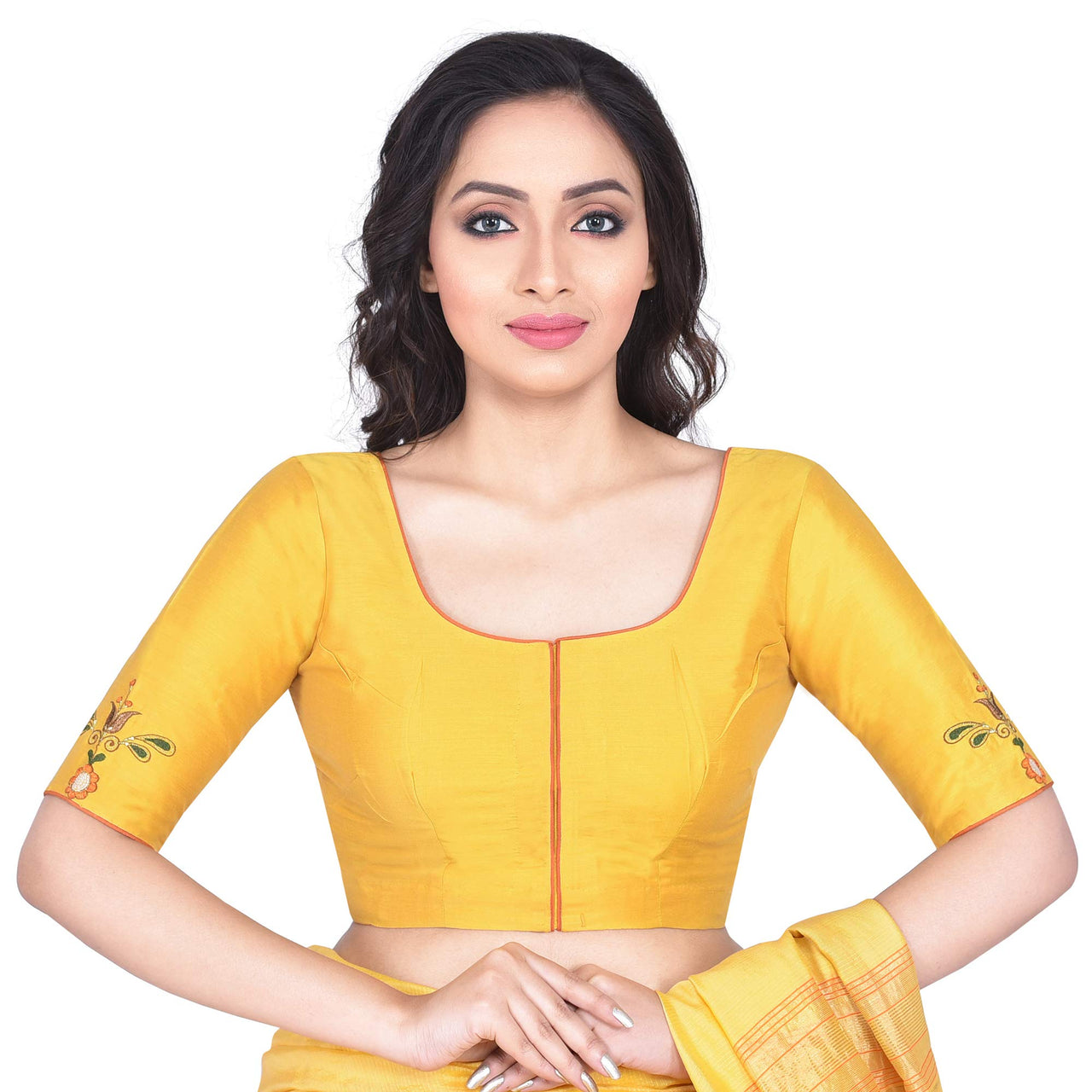 RENE Women's  Cotton Silk Embroidered Half Sleeve Blouse