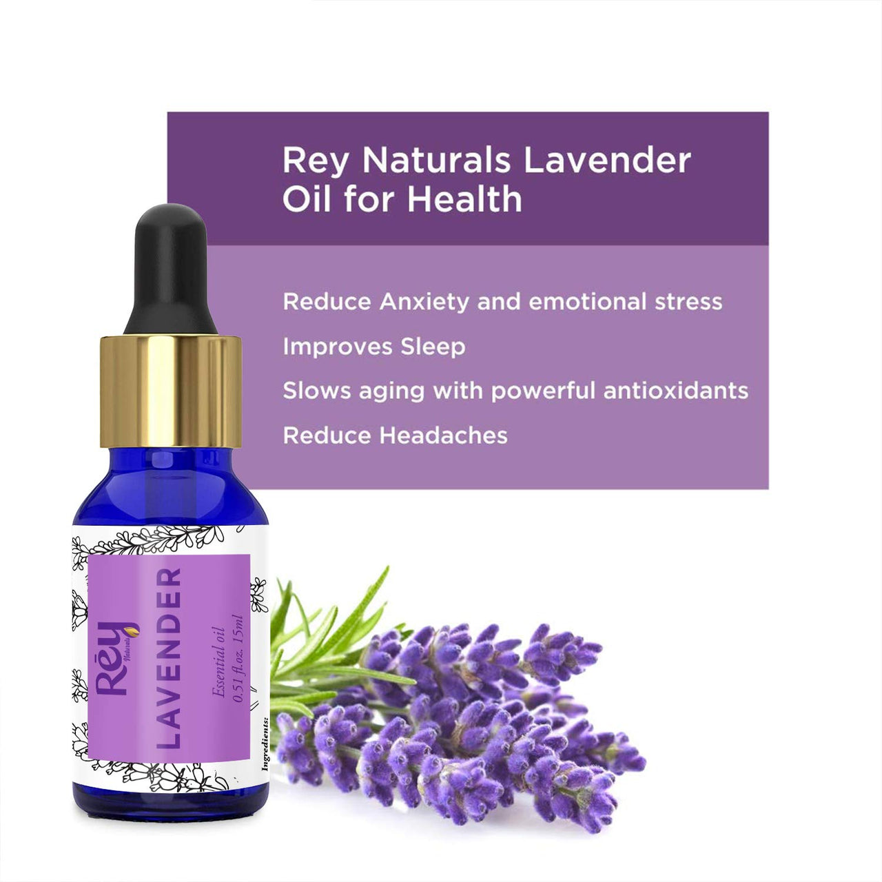 Rey Naturals Pure Lavender Essential Oil & Rosemary Oil For Hair Growth, Aromapathy, Stress & Pain Relief | Essential Oil For Hair, Face & Skin | Suitable For Diffuser | For Men And Women - 15 * 3