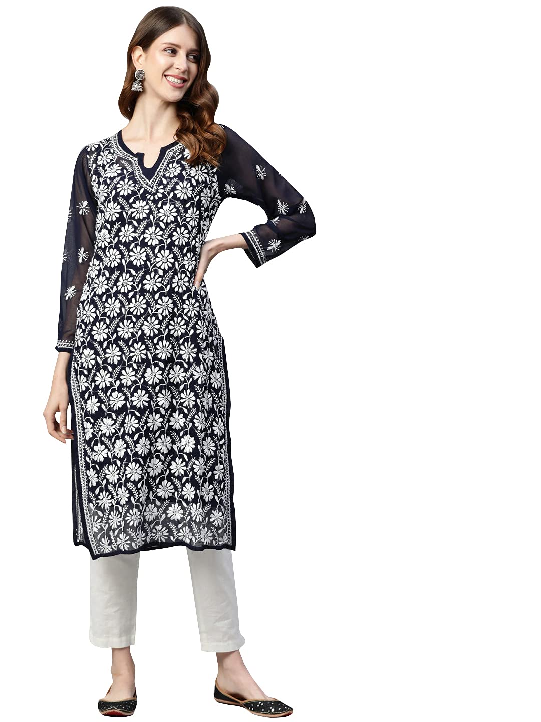Ada Lucknowi Hand Embroidered Traditional Chikankari Georgette Kurta Kurti with Slip for Women