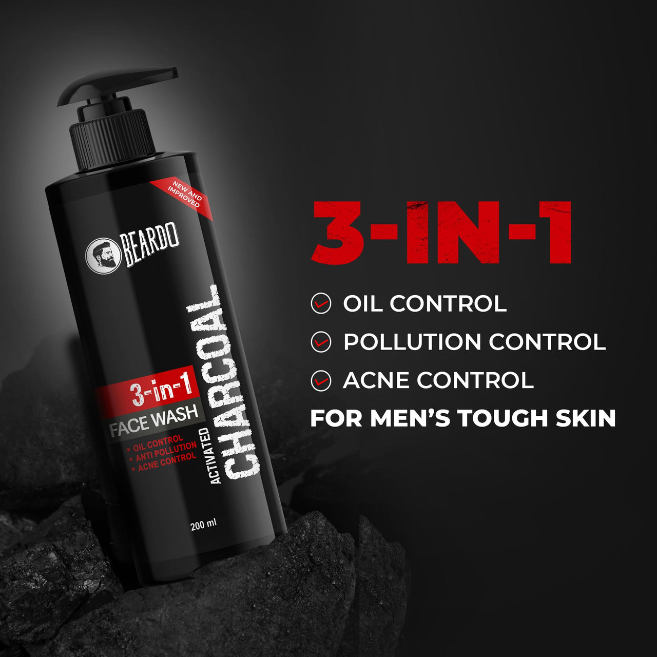 Beardo 3-in-1 Activated Charcoal Face Wash| Deep Cleanse, Exfoliate & Detoxify | All-in-One Face Wash for Oily Skin, Dirt & Pollution Removal | Oil Control Face wash for men 200ml