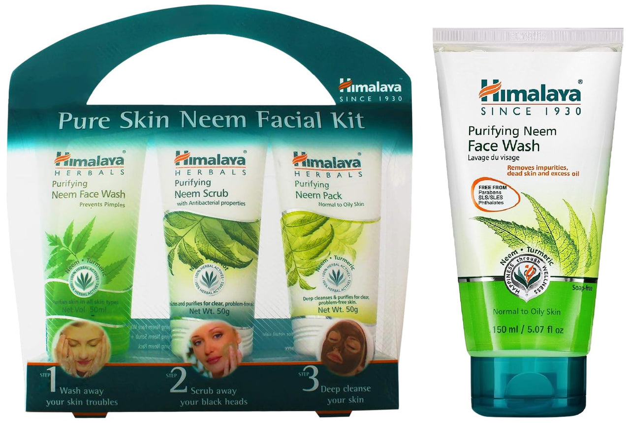 Himalaya Herbals Purifying Neem Face Wash, 150ml & Himalaya Pure Skin Neem Facial Kit (Facewash 50ml, Scrub 50g & Face Pack 50g)