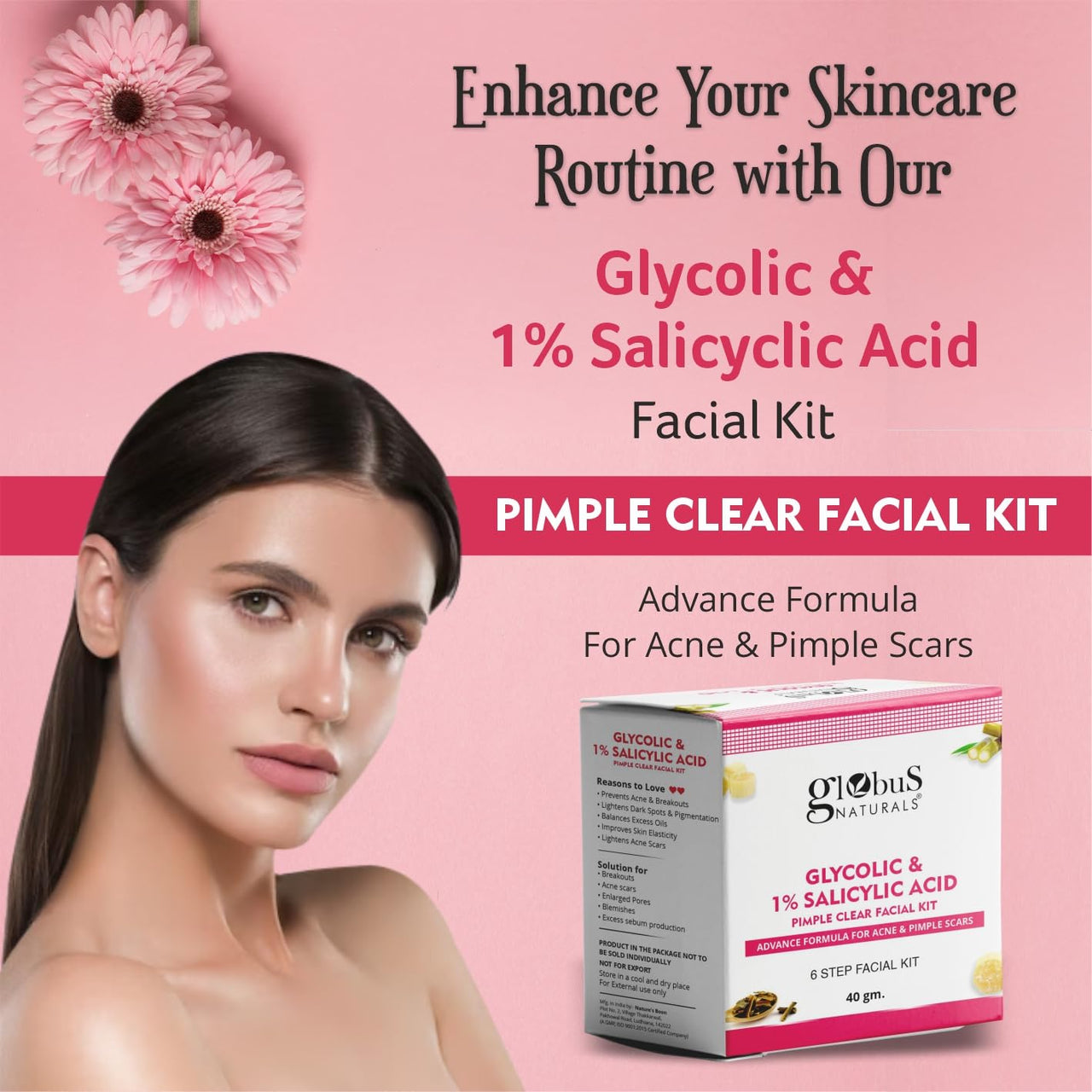 Globus Naturals Glycolic & 1% Salicylic Acid Face Wash & Facial Kit Combo, Anti Acne & Oil Control Formula, For Normal to Oily Skin
