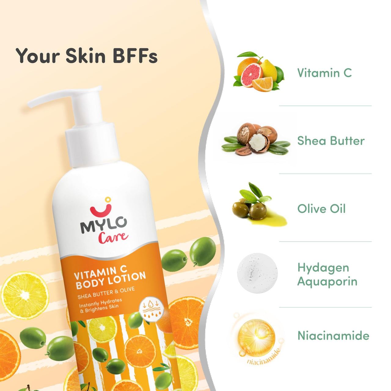 Mylo Vitamin C Body Lotion with Shea Butter, Olive Oil & Niacinamide | 24 Hours Hydration | Balances Skin Tone | Reduces Hyperpigmentation 275 ml