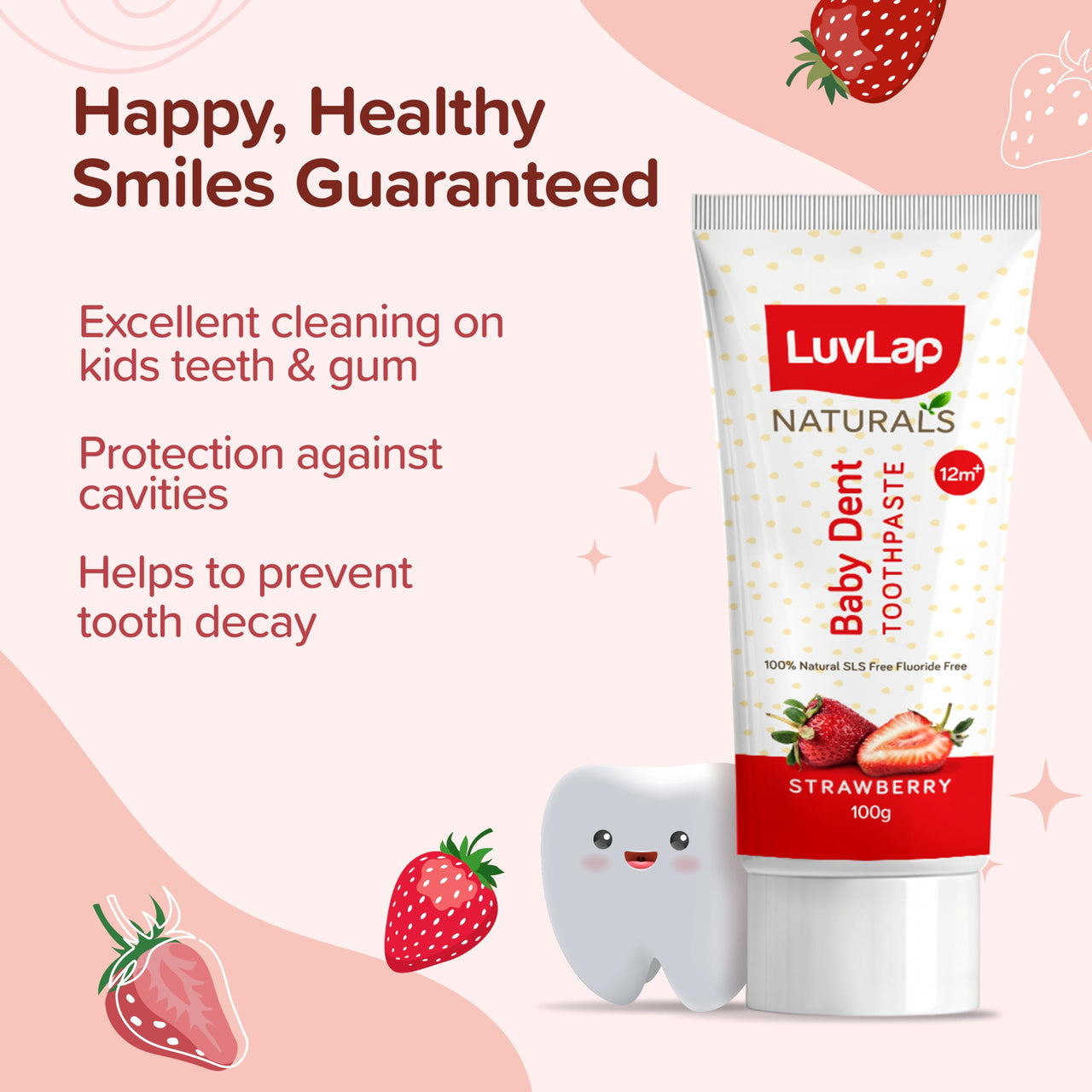 LuvLap Naturals 100% Natural Baby Toothpaste 100G,Strawberry Flavour,SLS&Fluoride Free Kids Toothpaste,Removes Plaque,Prevents Bacteria,Ensures White Teeth,Neutral Ph,12M+