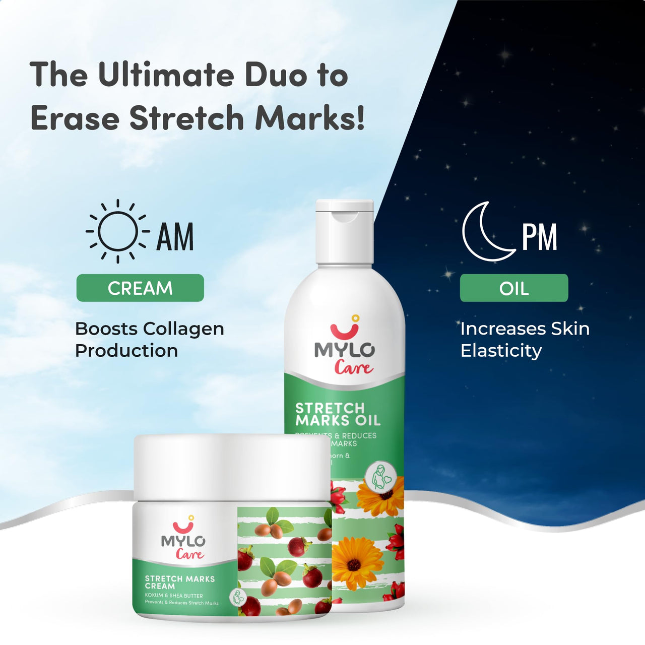 Mylo Care Stretch Marks Combo (Stretch Mark Oil - 100 ml, Stretch Marks Cream - 100 ml) |Stretch Marks removal for women |Made Safe Certified|Safe in pregnancy & effective on all body parts