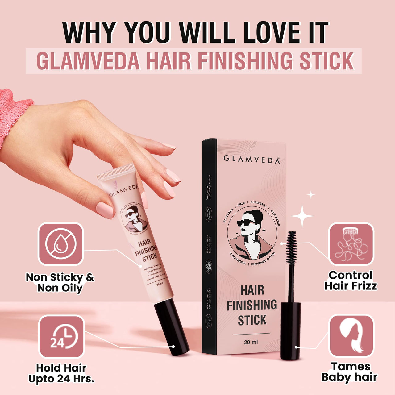 Glamveda Hair Finishing Stick For Women | Non-Greasy And Non-Sticky | One-Stop Solution For Hair styling | 24 hours Stay | With Rice Water |20ml Pack of 2