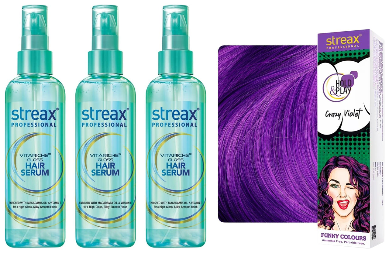 Streax Professional Hold & Play Funky Colours Hair Color, 100g - Crazy Violet 100g Vitariche Gloss Hair Serum for Women & Men, 115ml, Pack of 3